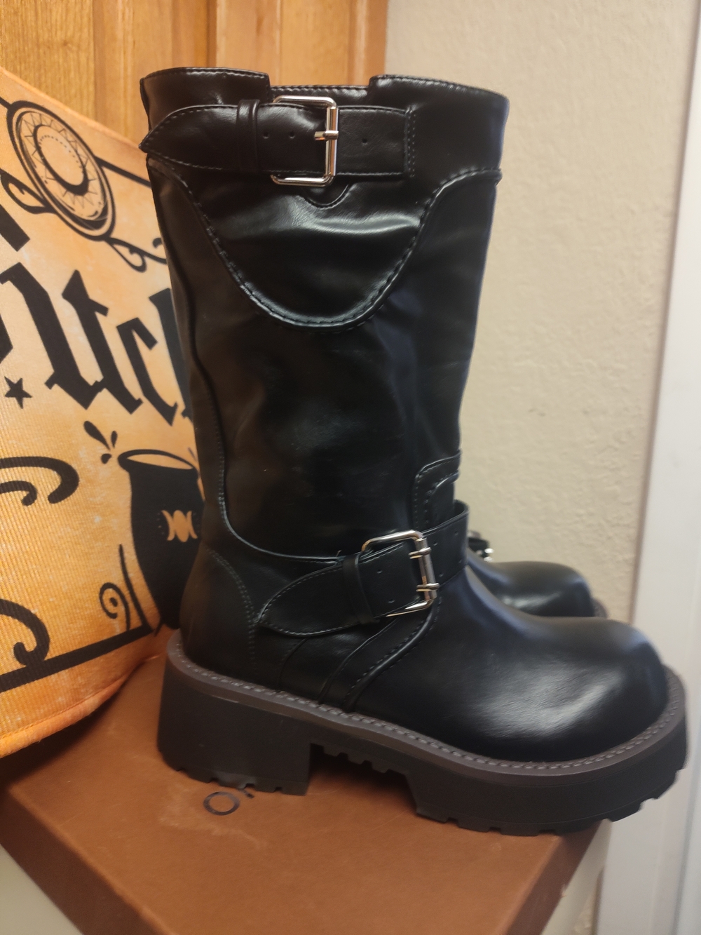 Black Leather Buckle Mid-Calf Women's Boots